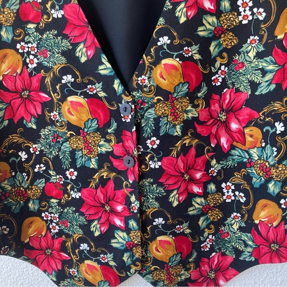 Vintage Boho Vest Novelty Christmas Holiday Floral Medium Black Red Cottagecore - Picture 7 of 16